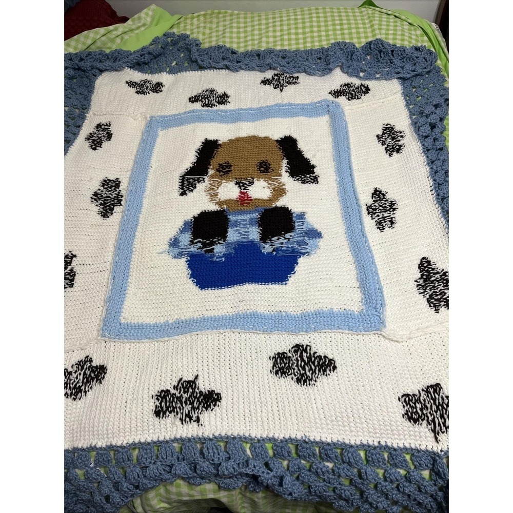 Crochet Blue White Brown Baby Blanket Afghan Handmade Puppy Dog 50x60" - Picture 7 of 10
